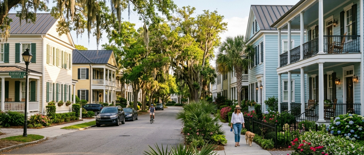 Coastal Charleston street with palms